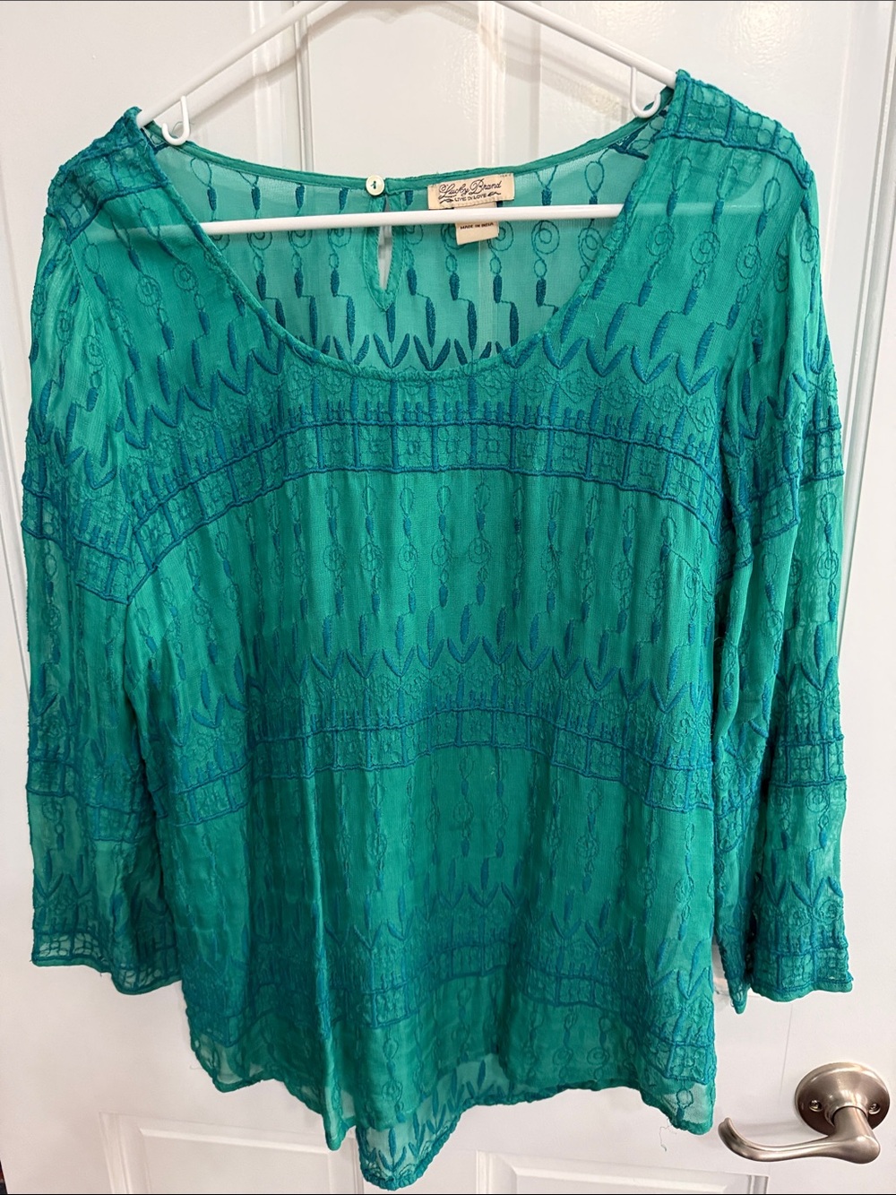 Lucky Brand Teal Sheer Embroidered Peasant Blouse - Picture 2 of 3